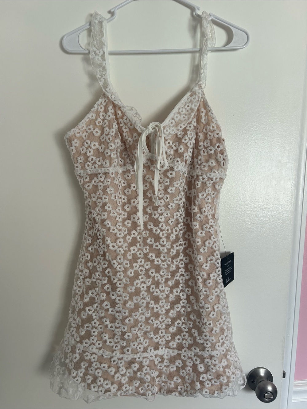 Lulu's Cream Floral Lace Tie-Front Slip Dress